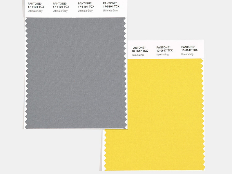 Two color swatches. One of them is gray, the other is yellow. They are the 2021 Pantone Color of the Year.